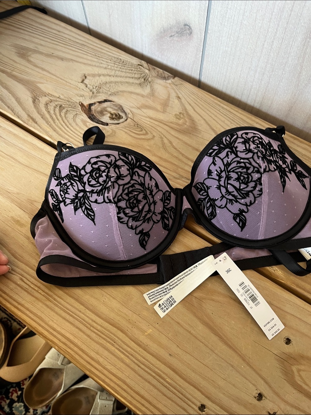 Victoria's Secret Lavender Push-Up Bra with Black Floral Lace Overlay